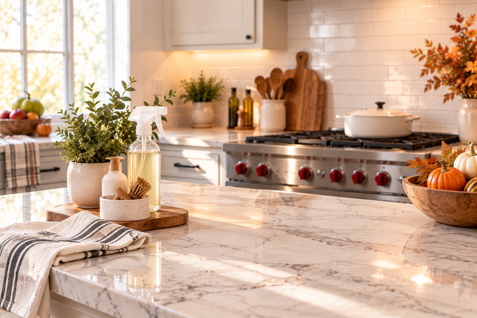 Countertop care supplies beside a kitchen surface